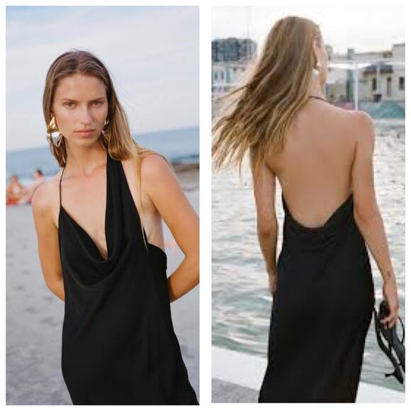 Zara Black Satin Asymmetrical Midi Slip Dress Size Large Low Back 3666/070 NWT - Picture 1 of 14
